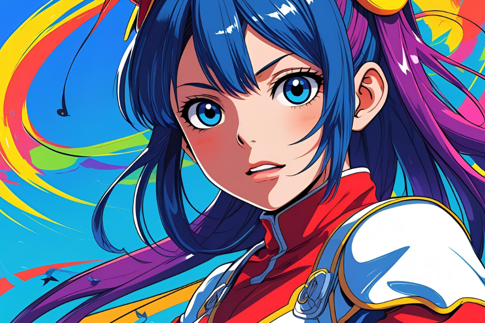 Anime-style illustration of a blue-haired girl with colorful futuristic background(未来的な背景の中に立つ青髪のアニメ風キャラクター)