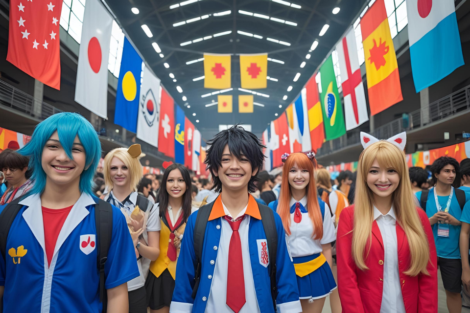 Cosplayers dressed as anime characters in a colorful indoor setting with flags(国旗が飾られた会場でアニメキャラに扮したコスプレイヤーたち)