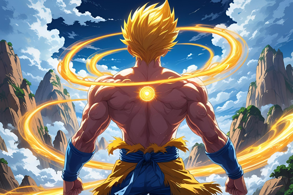 Anime character with glowing yellow aura in a dynamic action pose(黄色いオーラをまとったアニメキャラクターのアクションシーン)