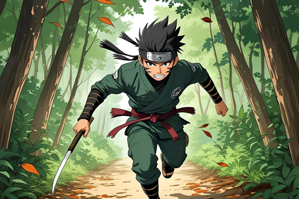 Anime-style ninja character running through a forested path(森の中を駆け抜けるアニメ風の忍者キャラクター)