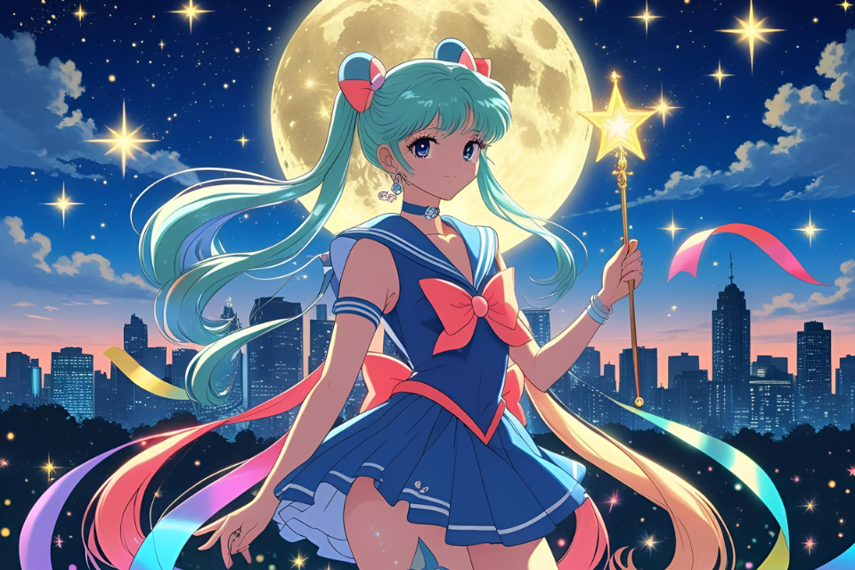 Magical girl anime character in a sailor outfit holding a wand under the moonlight(月夜の下で杖を掲げるセーラー服姿の魔法少女キャラクター)