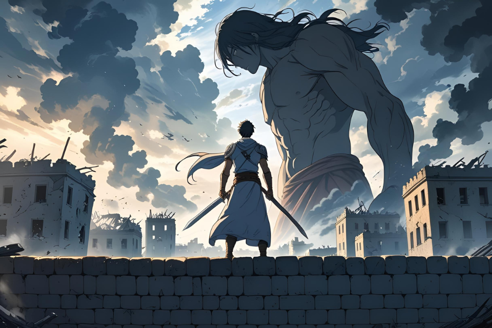 Anime character facing a giant titan in a dramatic setting(巨大な巨人と対峙するアニメキャラクターの劇的なシーン)