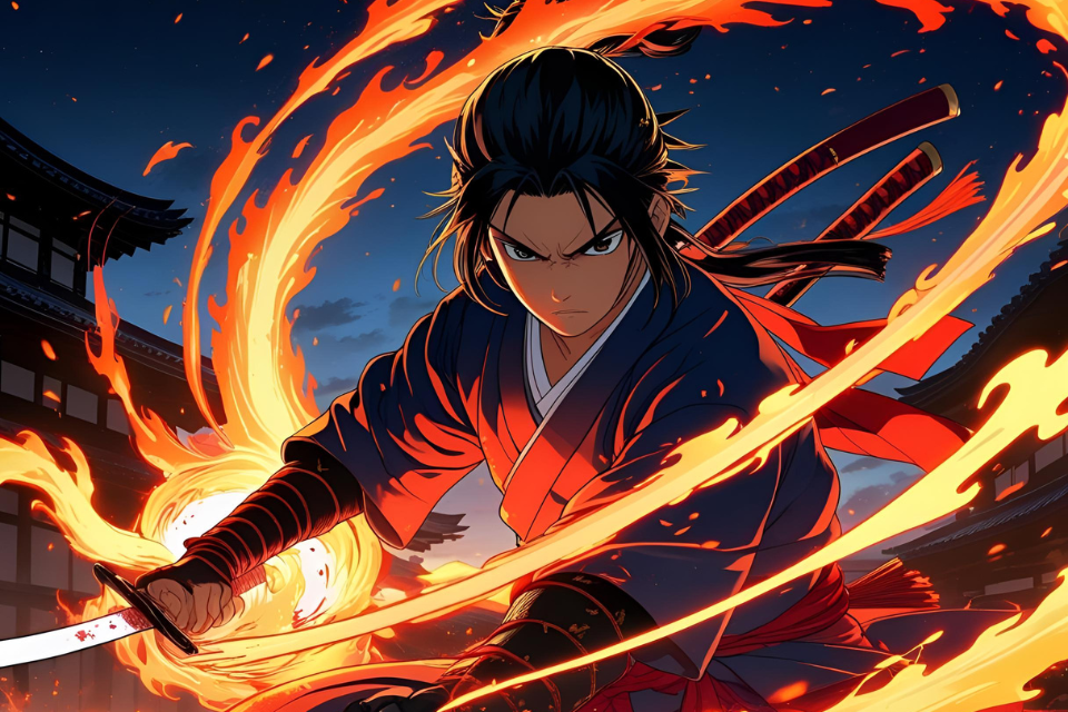 Anime-style swordsman surrounded by flames in a powerful battle stance(炎に包まれた剣士のアニメキャラクターが戦闘態勢をとるシーン)