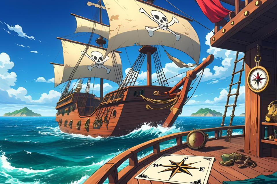Cartoon-style pirate ship sailing on the sea with skull-emblazoned sails(ドクロマークの帆を掲げて航海するアニメ風の海賊船)