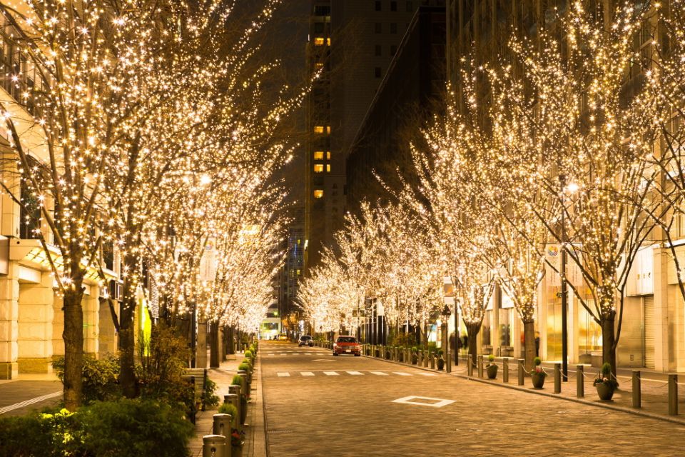 Street in Japan glowing with beautiful winter illuminations