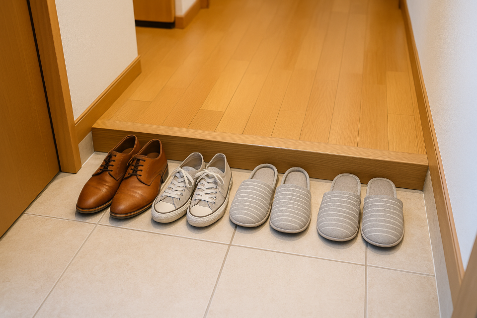 Shoes neatly placed at the genkan (entryway) of a Japanese home