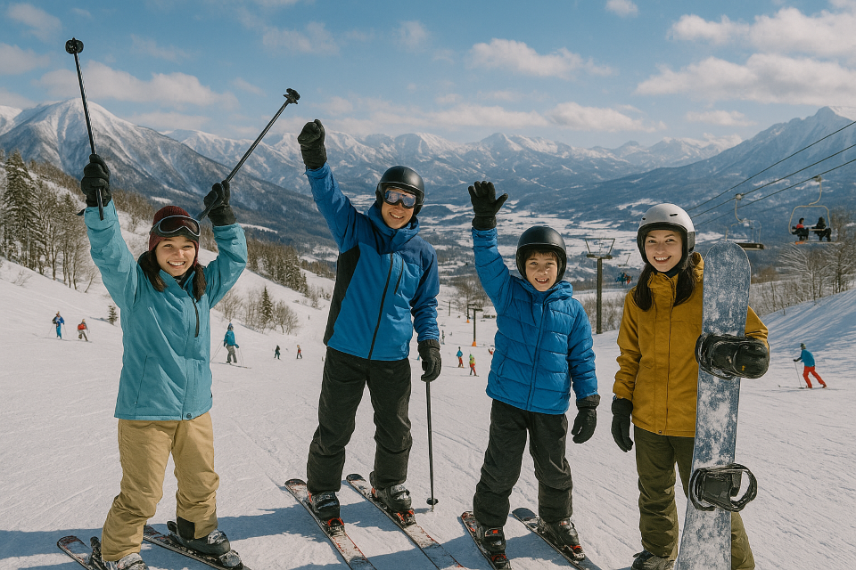 Children enjoying winter sports in Japan's snowy mountains