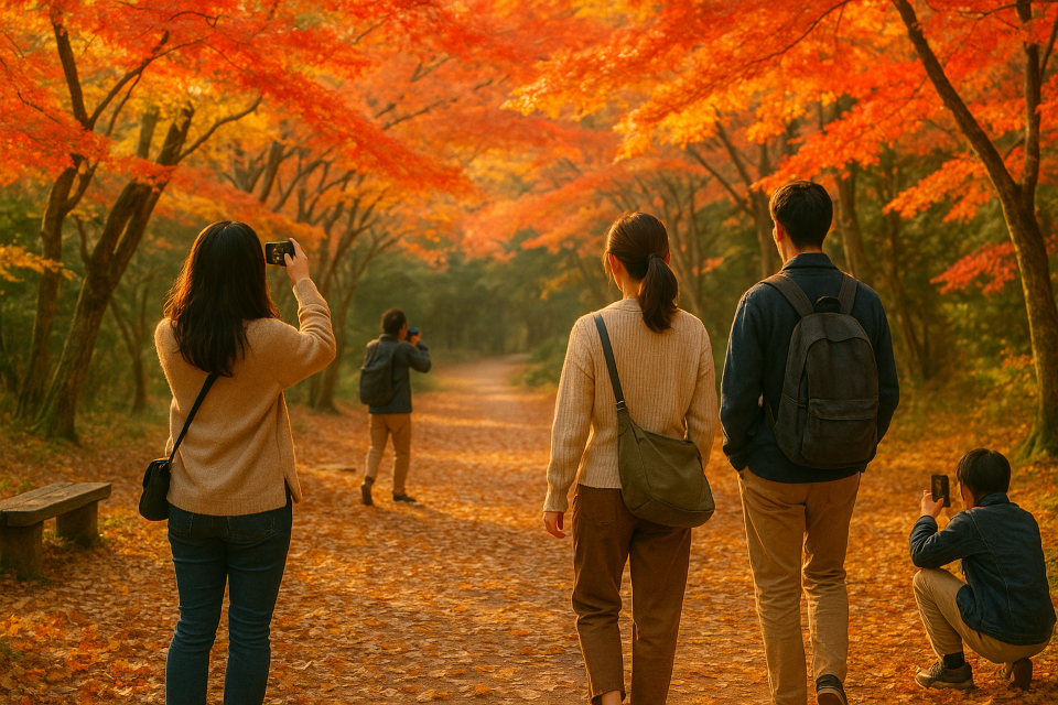 People enjoying autumn leaves in a Japanese park