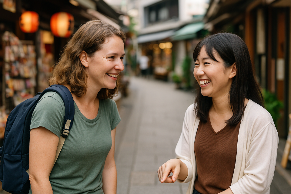 Friendly exchange between a traveler and a local in Japan