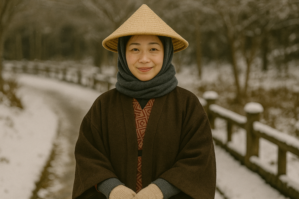 Traditional straw boots and winter wear in snowy village