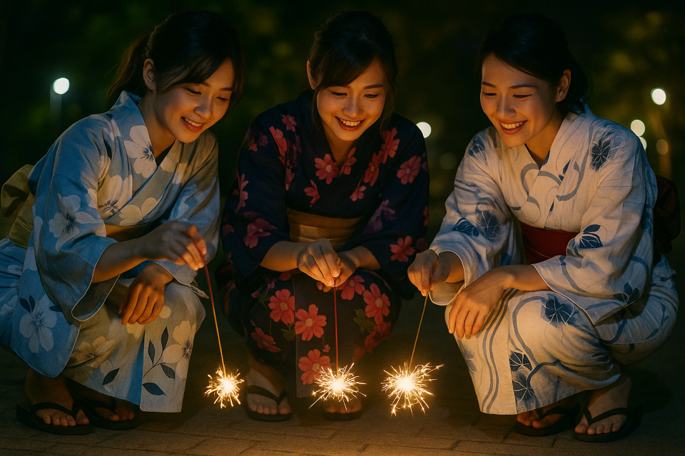 Young women in yukata enjoying sparklers at a summer festival