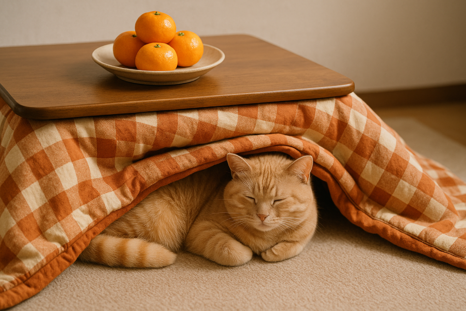 Cat relaxing under kotatsu table in a cozy winter room
