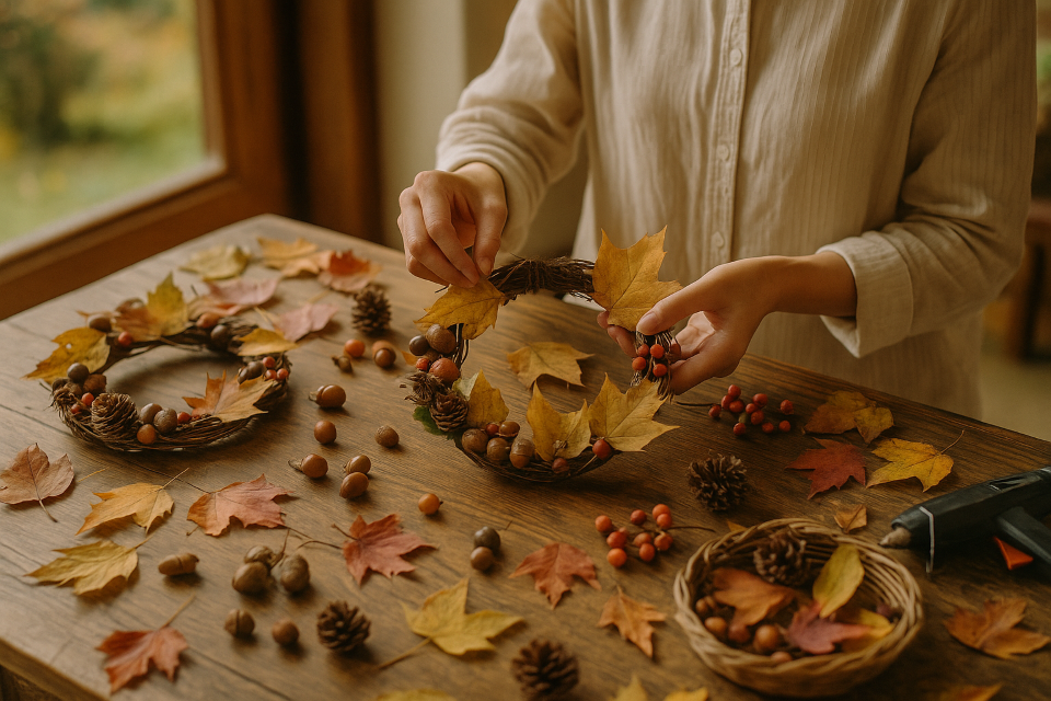 Children making autumn crafts with leaves and acorns