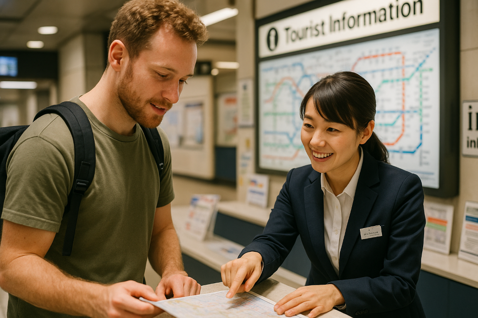 Helpful staff assisting a tourist at a Japanese train station