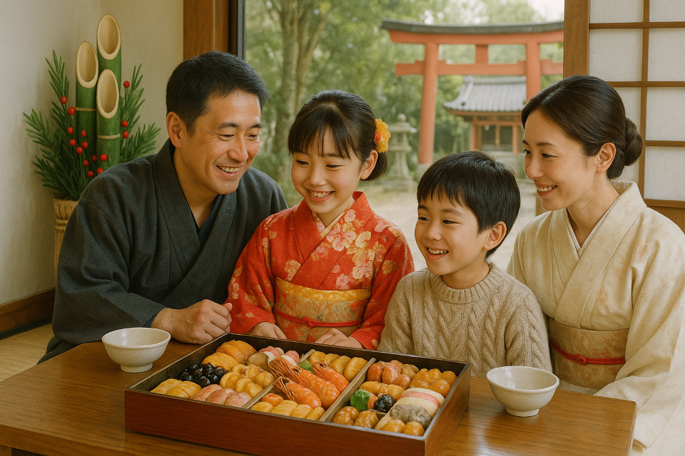 A Japanese family enjoying osechi on New Year's Day