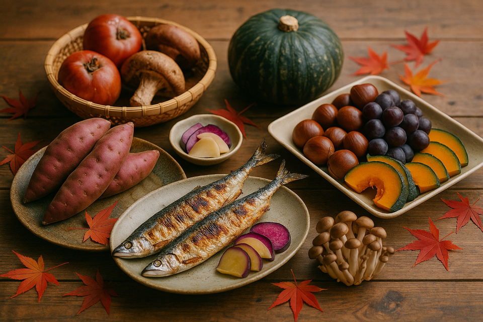 Autumn foods including grilled fish, sweet potatoes, and chestnuts