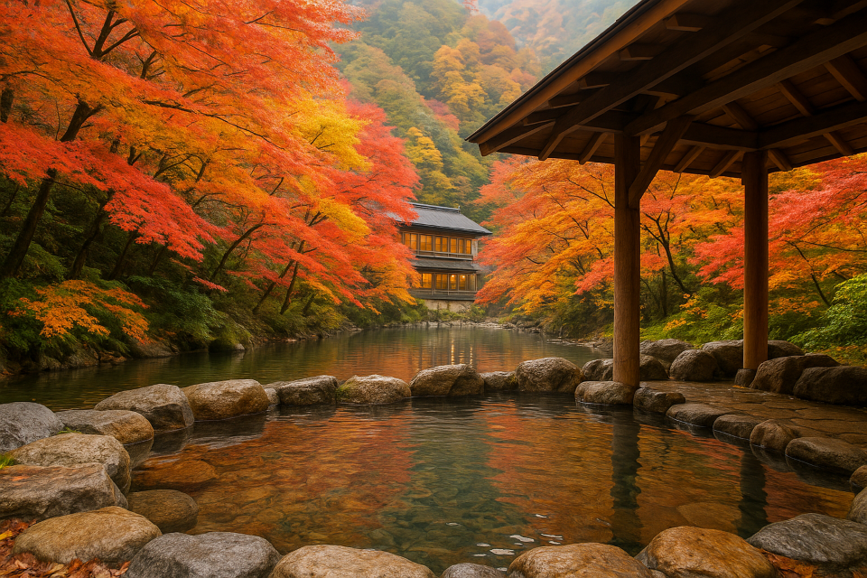 Scenic onsen bath surrounded by red autumn foliage in Japanese mountains