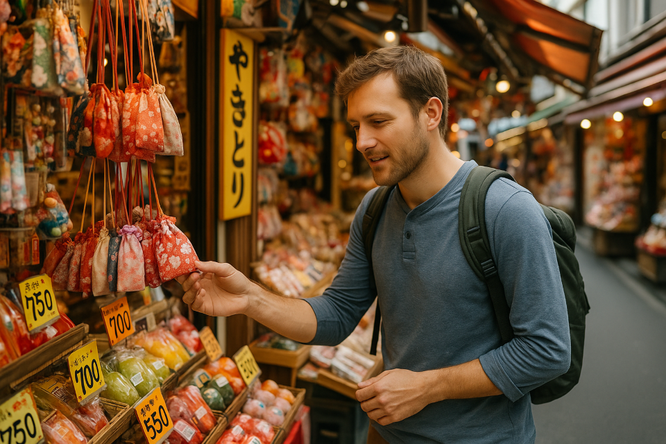 Tourist shopping for souvenirs in a Japanese street market
