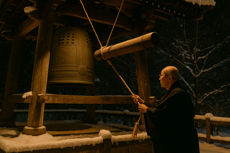 Temple bell ringing on New Year's Eve in Japan