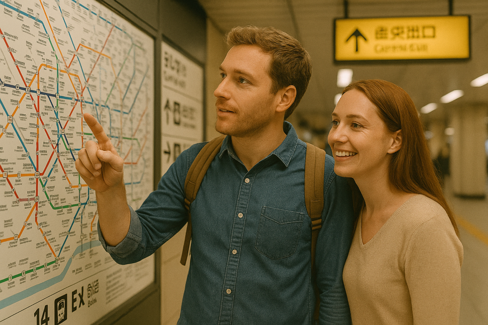Visitors checking train directions on a map in Japan