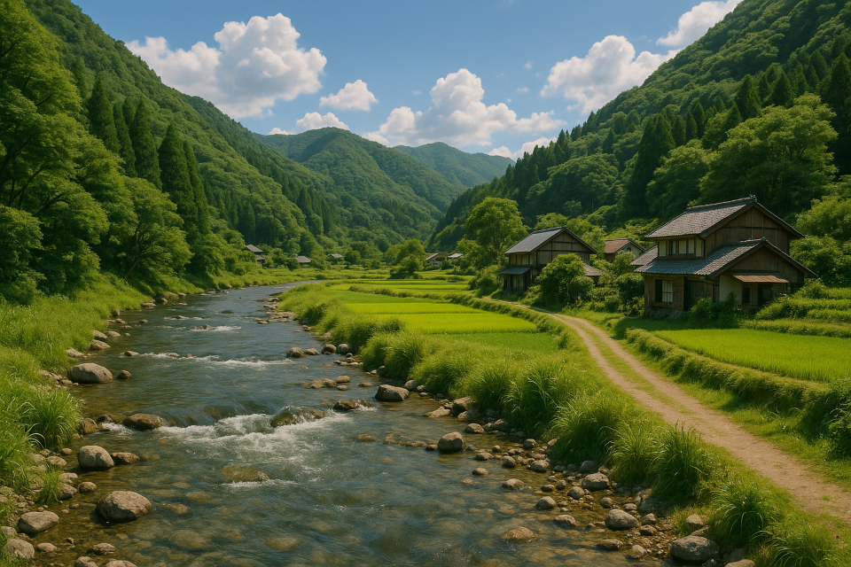 Peaceful Japanese countryside landscape in summer with river and green mountains