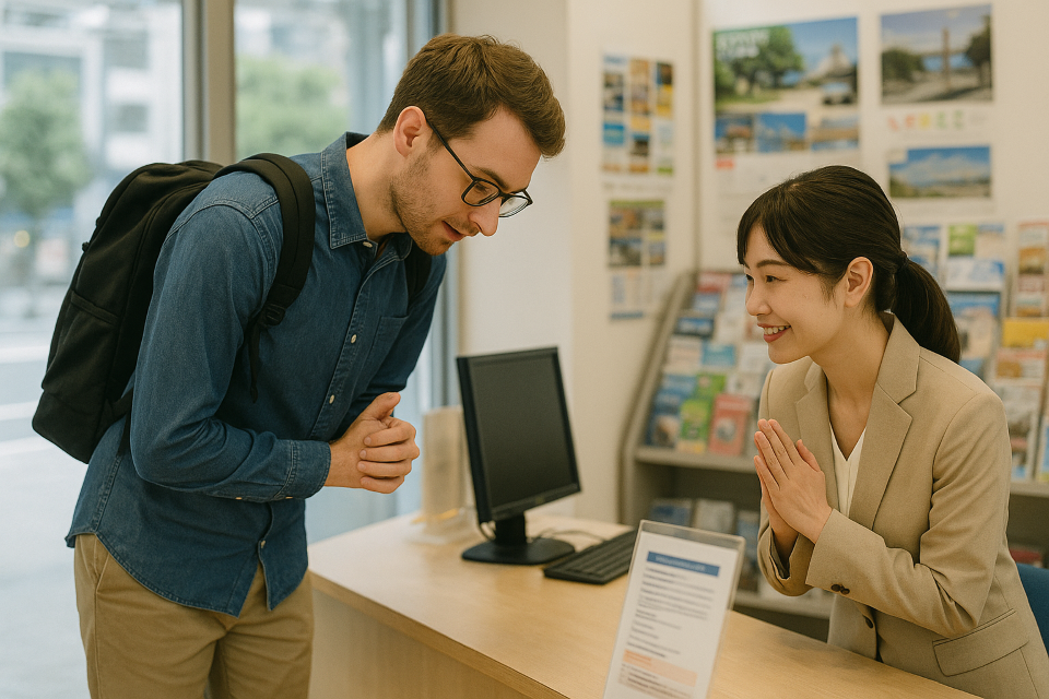 A traveler bowing gently while asking a question in Japan