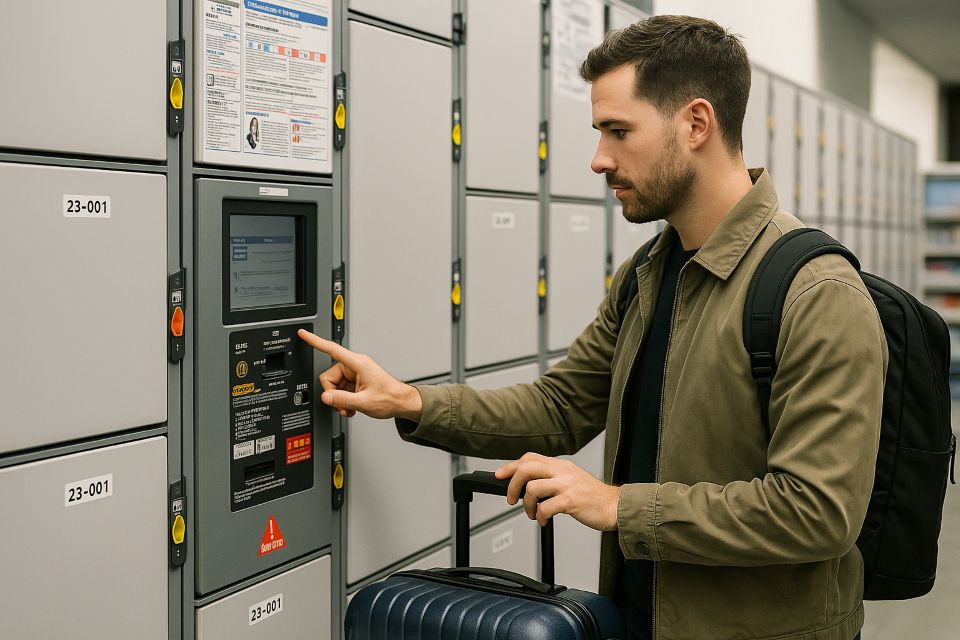 Traveler using a coin locker in Japan