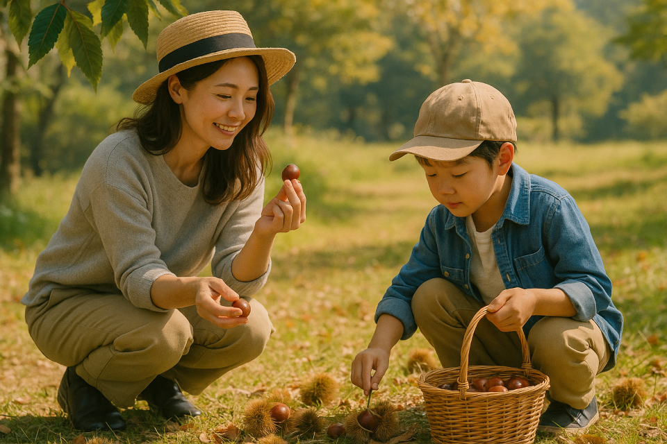 Hands collecting fallen chestnuts on forest ground in Japan