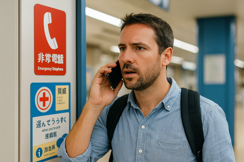 Traveler making an emergency call in Japan