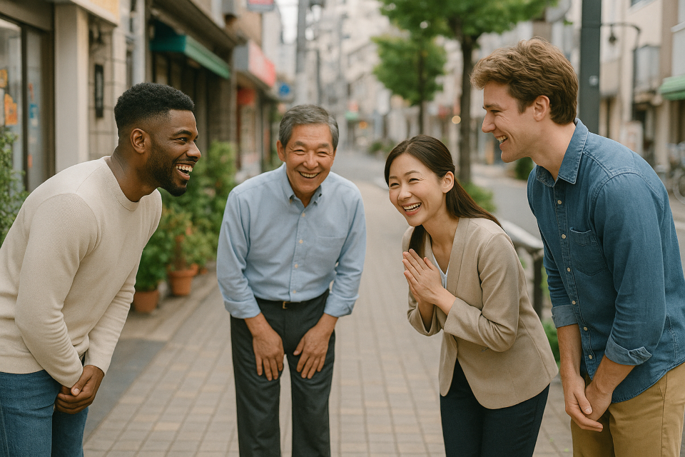 Smiling people bowing in a Japanese street