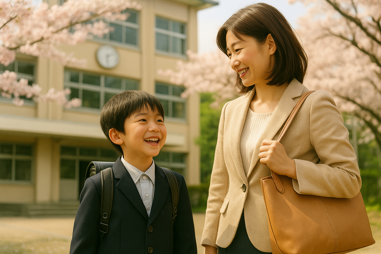 Mother and child smiling in front of a Japanese school during cherry blossom season.