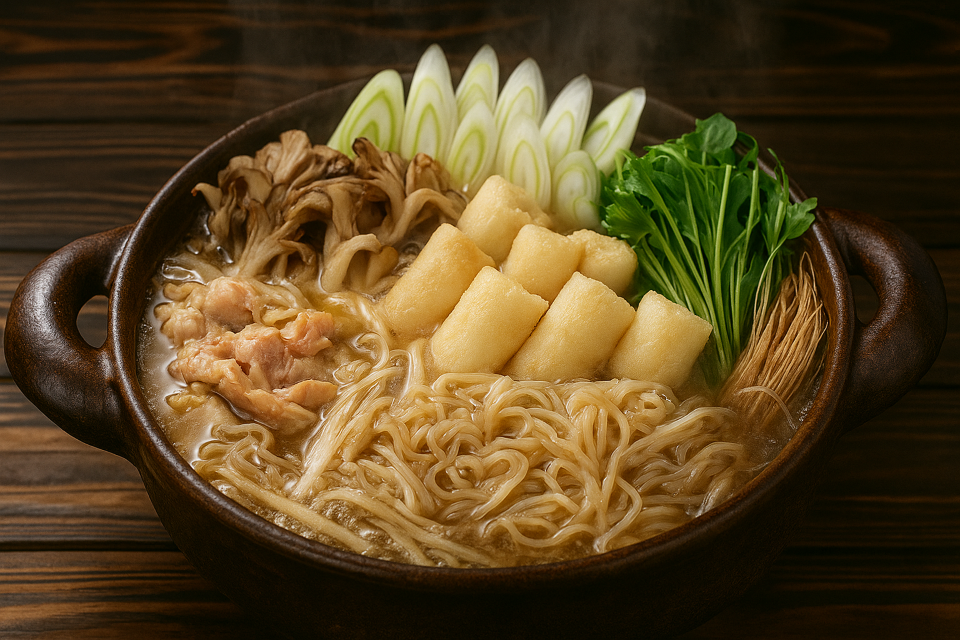 Hot pot with mashed rice sticks and chicken (Kiritanpo Nabe from Akita)