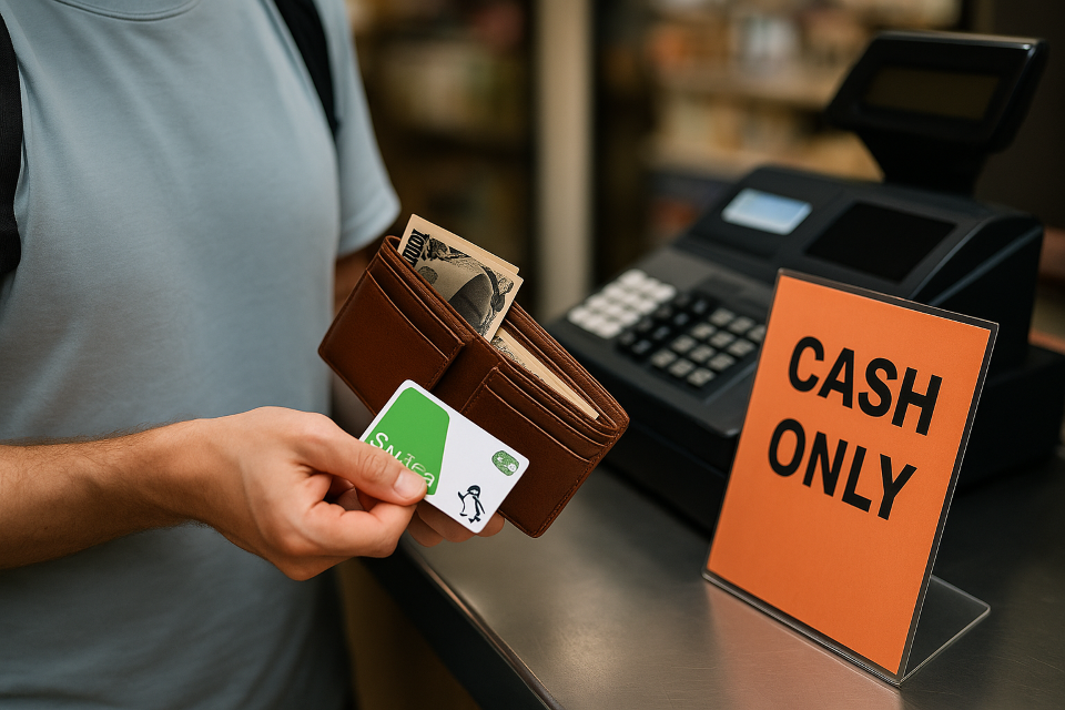 Tourist deciding between cash and card in Japan
