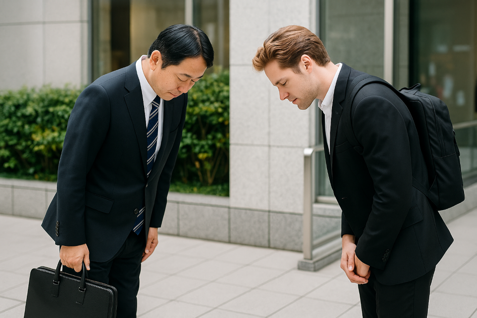 Two people bowing politely to each other in Japan