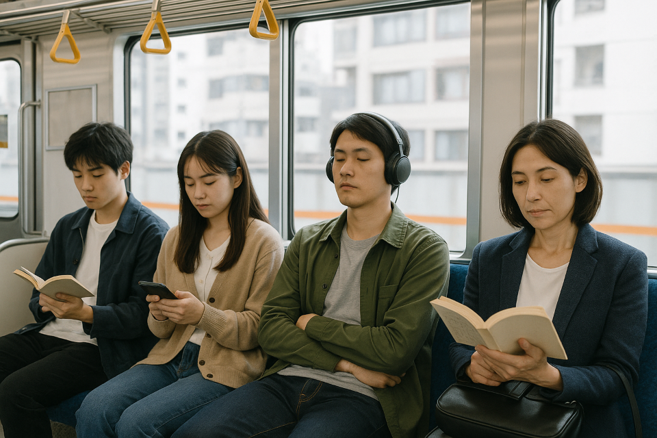 A peaceful Japanese train carriage with passengers wearing headphones and reading quietly