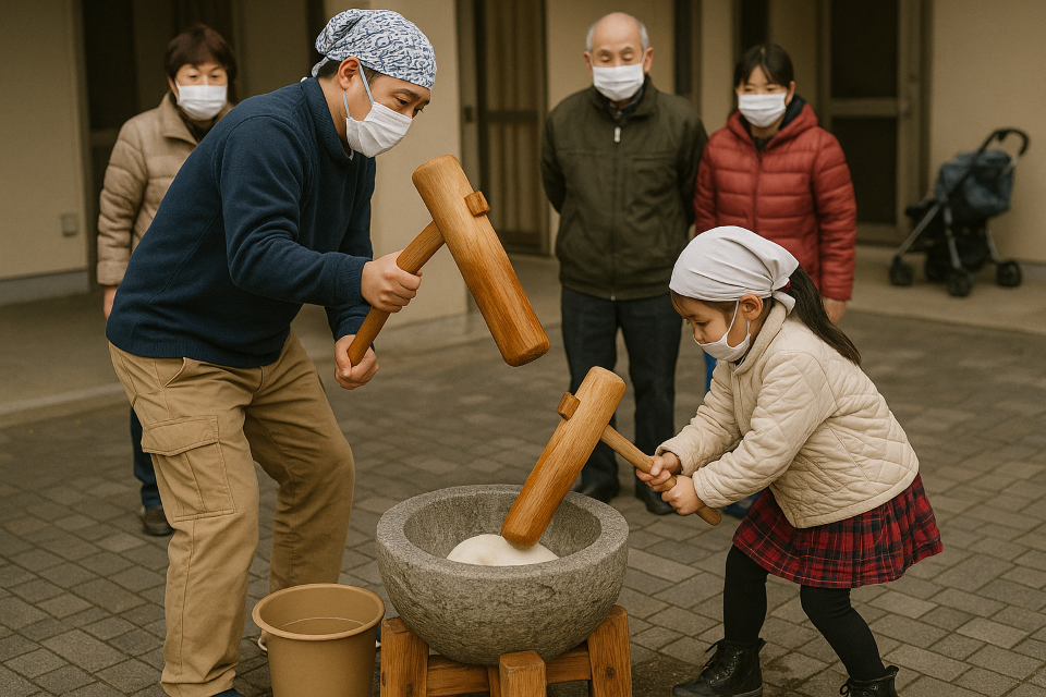 People pounding rice to make mochi