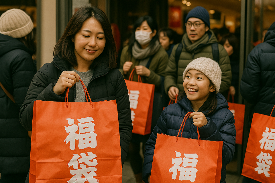 People holding lucky bags after shopping
