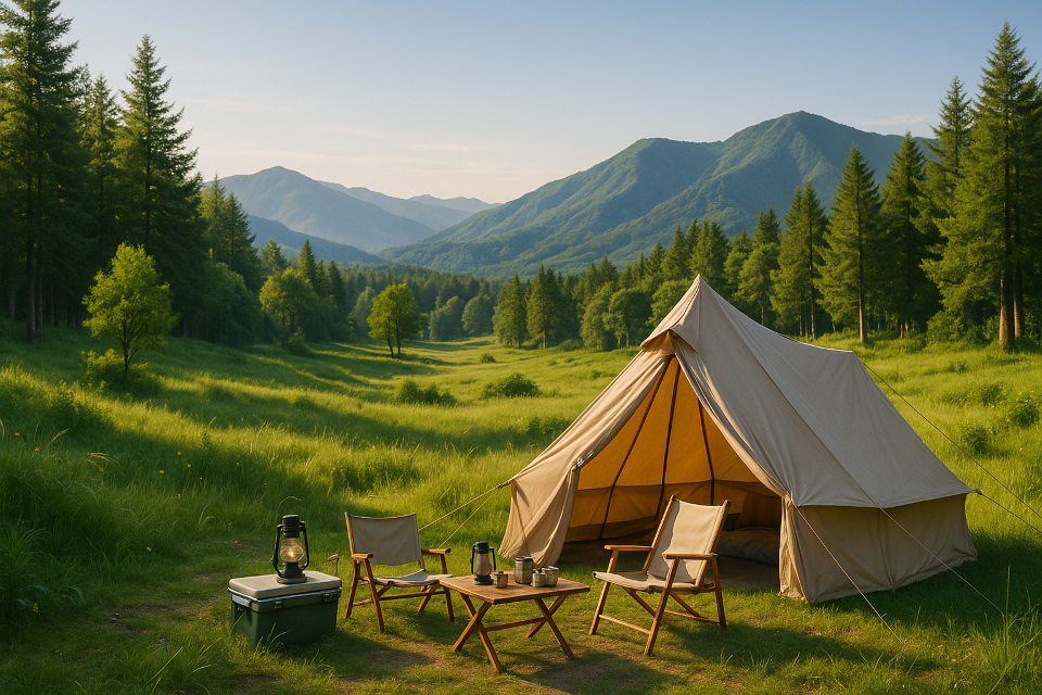 Tents set up in a green summer mountain camping area