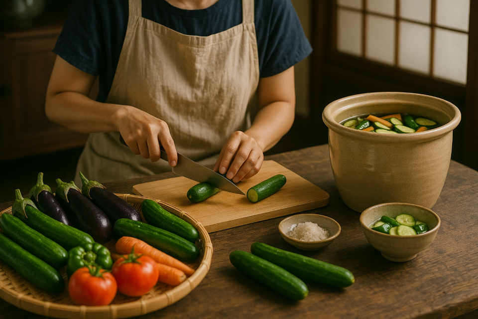 Traditional tsukemono pickling jars with colorful summer vegetables