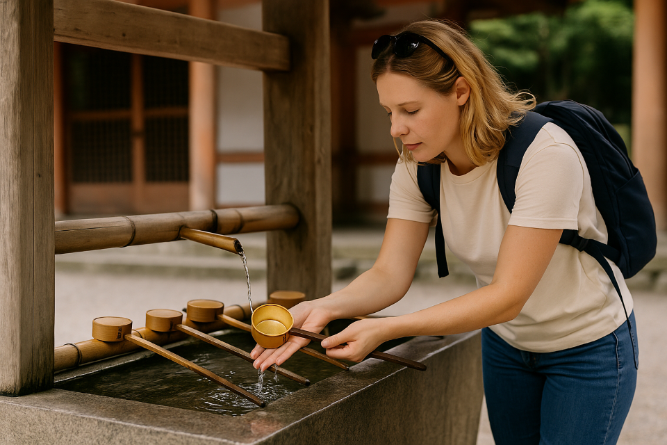 Visitors bowing and purifying hands at a Japanese shrine
