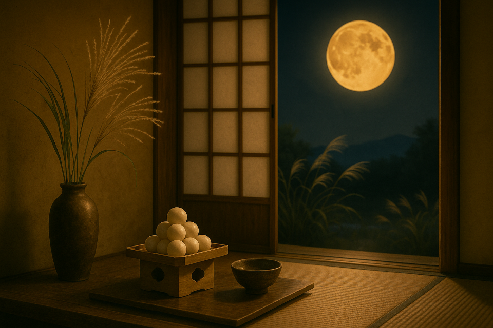 Traditional Japanese room prepared for Tsukimi moon viewing