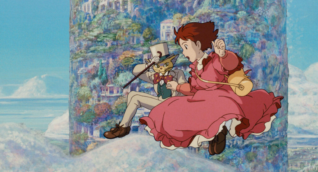 alt="A scene from 'Whisper of the Heart' with Shizuku flying alongside the Baron, the cat figurine" alt="『耳をすませば』のワンシーン。猫の男爵と一緒に空を飛ぶ雫"