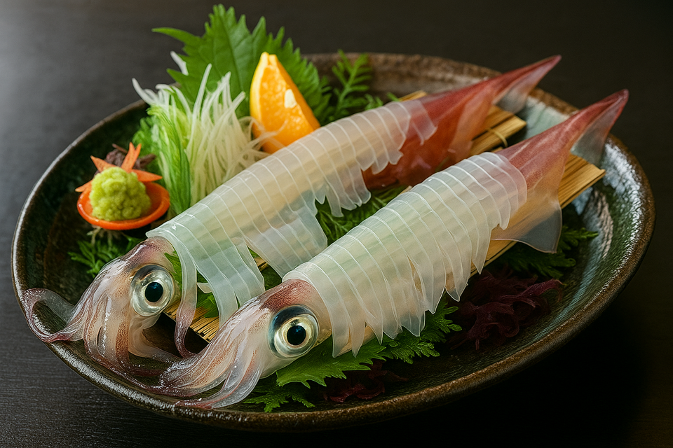 Translucent raw squid sashimi (Yobuko Ika from Saga)