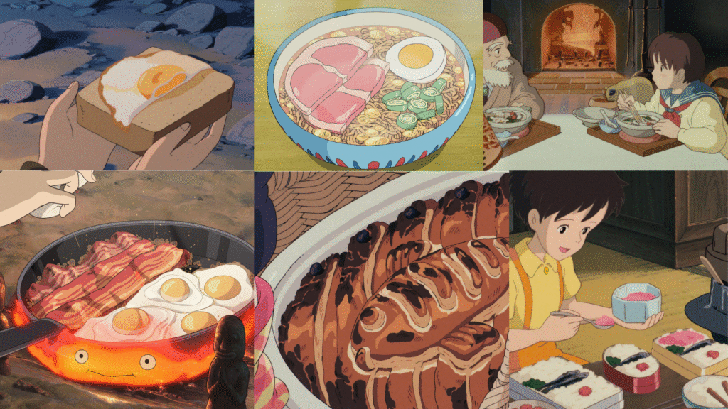 alt="Collage of famous food scenes from Studio Ghibli films including fried eggs and bacon, ramen, and bento boxes" alt="ジブリ映画の有名な食事シーンのコラージュ(ベーコンエッグ、ラーメン、弁当など)"