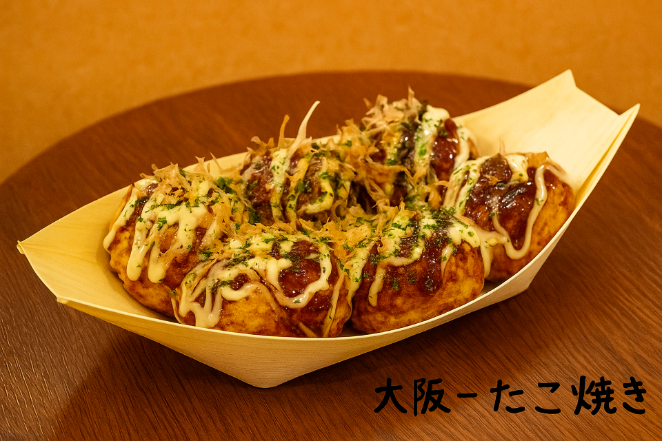 Octopus-filled round dumplings (Takoyaki from Osaka)
