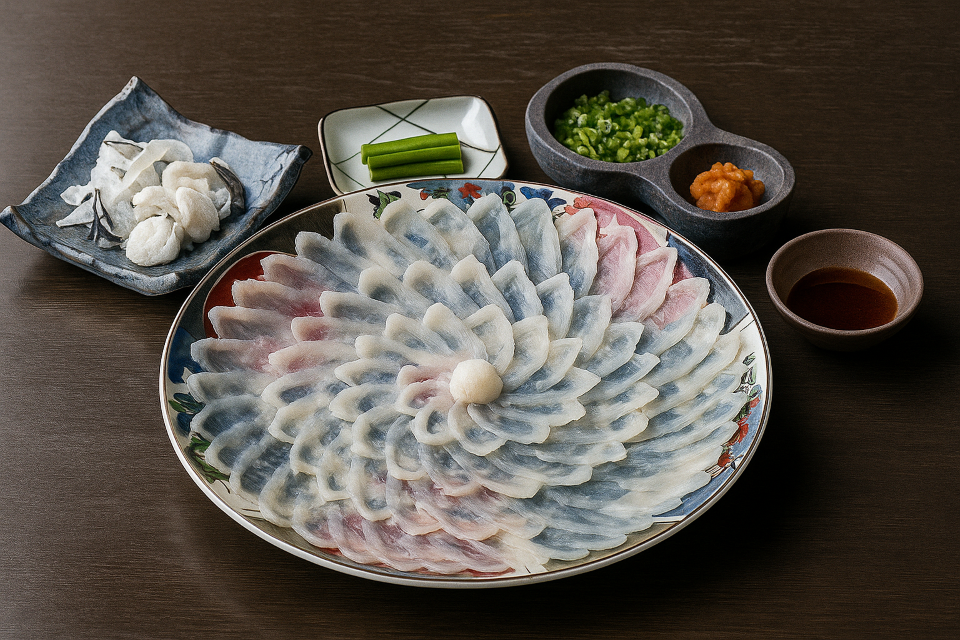 Paper-thin slices of raw pufferfish (Fugu Sashimi from Yamaguchi)