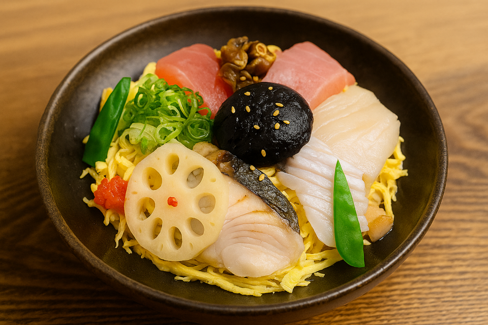 Colorful chirashi sushi with various ingredients (Bara-zushi from Okayama)