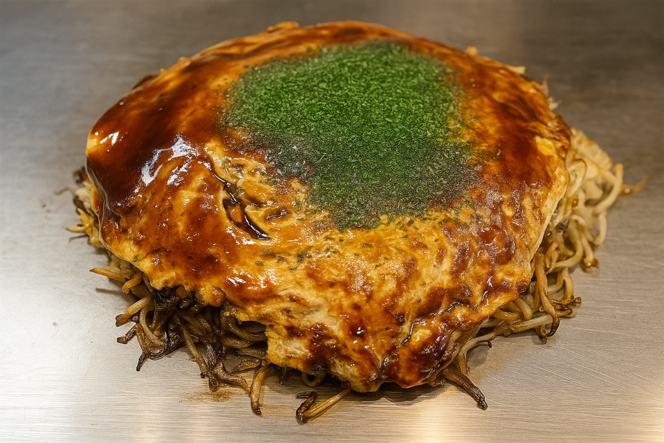 Savory pancake layered with noodles (Hiroshima-style Okonomiyaki)