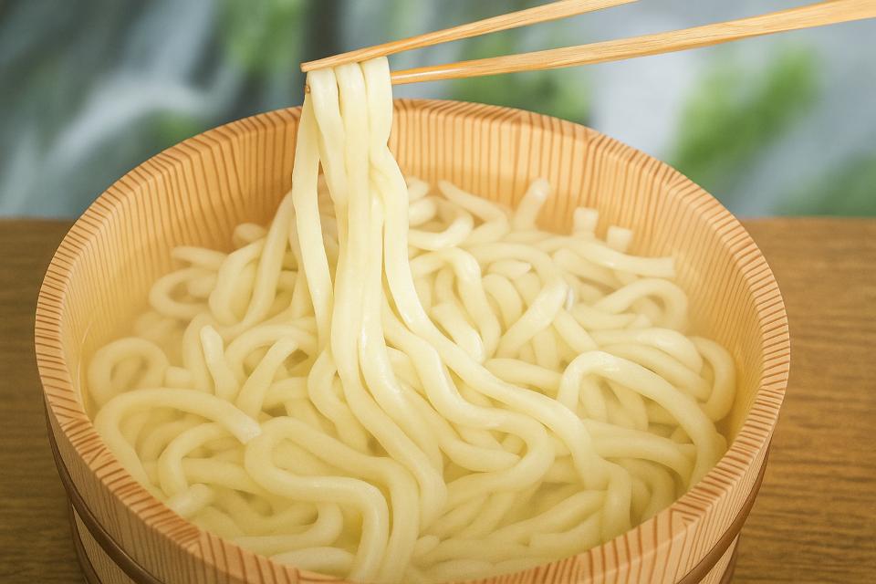 Hand-stretched udon served in a large communal basin (Tarai Udon from Tokushima)