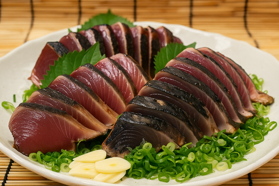 Seared bonito slices with garlic and onion (Katsuo no Tataki from Kochi)